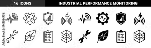 Hybrid Industrial Performance and Vitality Monitoring Icons Featuring Gear Pulse Shield Growth Leaf Health and Wrench Diagnostic Symbols