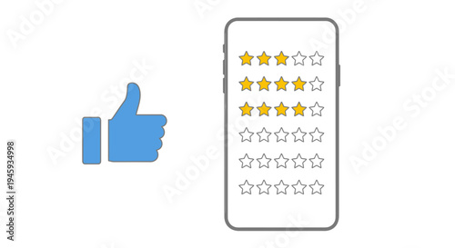Smartphone with rating stars and thumbs up.