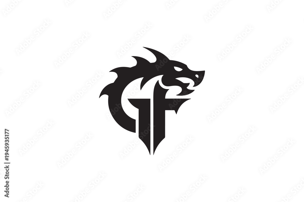 Fototapeta premium Dynamic dragon head logo merged with bold 'gf' initials powerful and fierce design