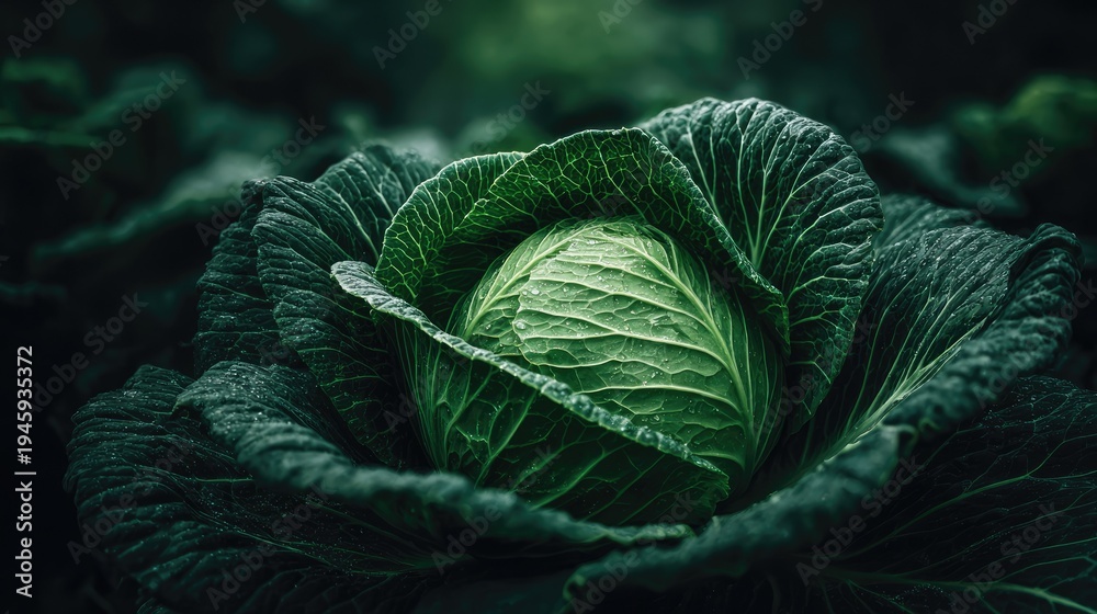 Obraz premium Deep green cabbage head reveals intricate leaf texture under dramatic lighting in a field