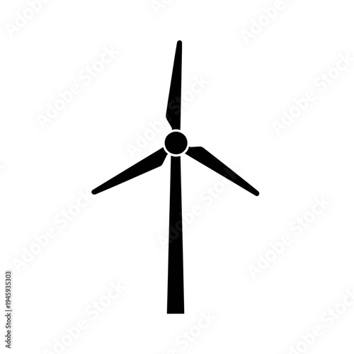 Black silhouette of a wind turbine with three blades on a white background Keywords: wind