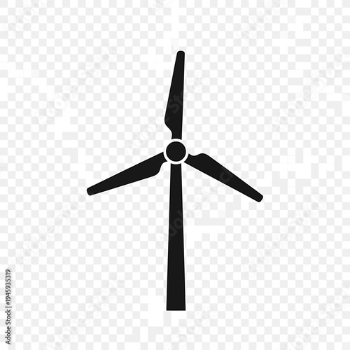 Black silhouette of a wind turbine with three blades against a transparent checkered background... d