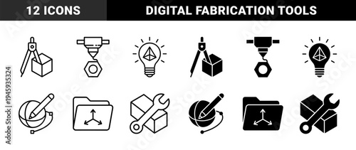 Industrial engineering and digital fabrication hybrid symbols merging drafting tools with 3D modeling and additive manufacturing construction concepts