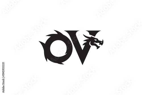 Dragon head integrates ov logo symbolizing power and mythical branding identity