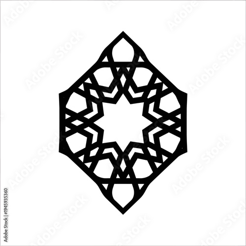 Elaborate black geometric Islamic star pattern with pointed outer edges on a white background