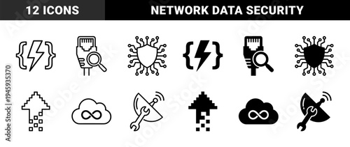 Hybrid Digital Technology Icon Set Combining Network Cables with Magnifying Glass Shield with Circuitry and Cloud with Infinity Symbol