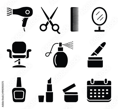 Black Salon Beauty Icons Vector Illustration
