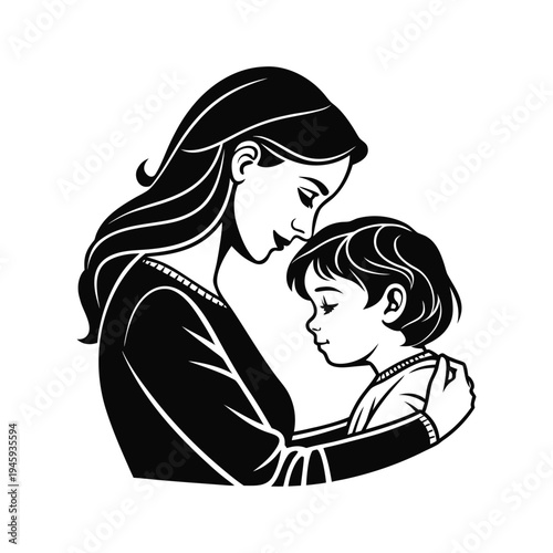 Tender black and white illustration of a mother and child sharing a loving moment, expressing warmth, affection, and deep maternal bonding.