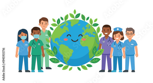 Healthcare workers and a smiling earth promote global health and environmental wellbeing