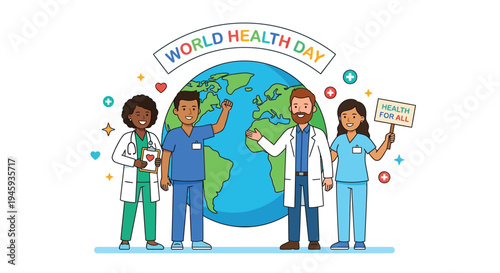 World health day illustration featuring diverse healthcare workers and a globe