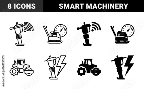 Heavy Construction Machinery Hybrid Icons with Integrated Smart Sensors Battery Power Indicators and Digital Monitoring Symbols for Smart Industry