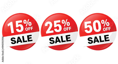 Collection of vibrant red vector graphic sale labels featuring various percentage discounts for promotional campaigns