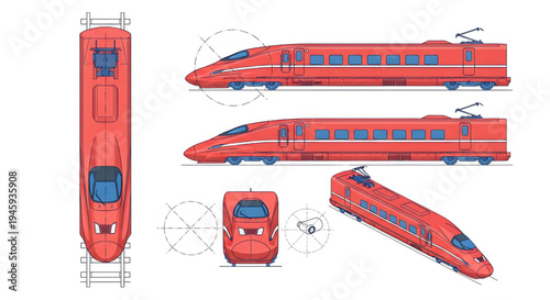 Fast Red Bullet Train Blueprint Icon Sheet – High Speed Railway Vehicle Technical Multiview Outline Vector