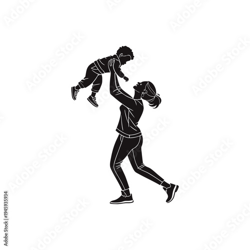Active mother running while holding her child in her arms, enjoying an energetic day together filled with movement, fun, and bonding.