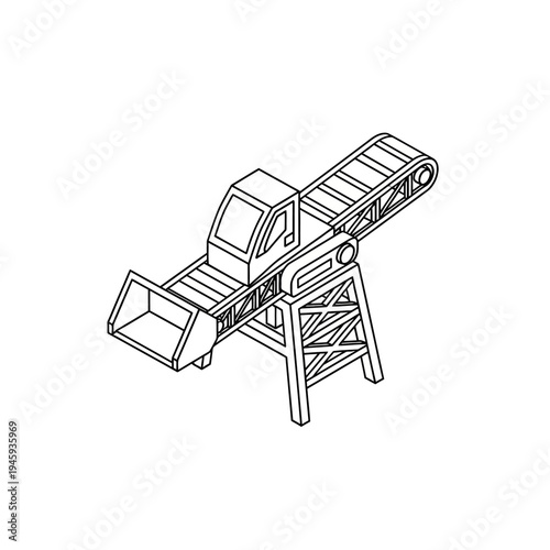 Isometric line drawing of a material handling conveyor belt system with a hopper and operator cabin, used in industrial settings.