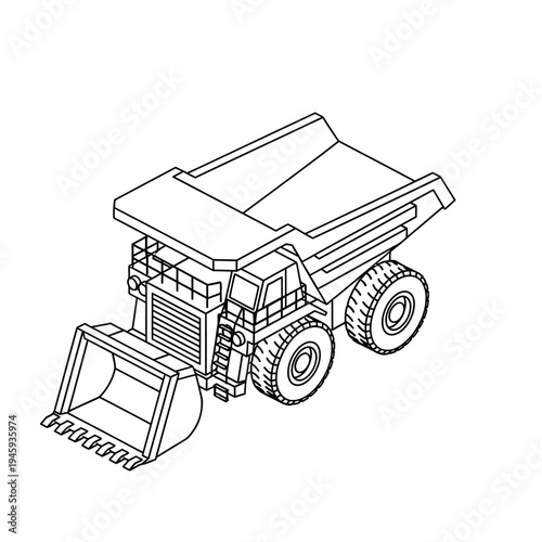 Isometric line art drawing of a heavy-duty mining dump truck with a front loader bucket, used in construction and excavation.