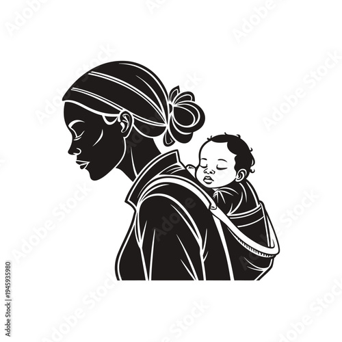 Mother carrying her baby in a traditional cloth wrap, representing cultural parenting traditions, nurturing care, and close connection.
