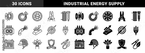 Electrical Infrastructure and Power Engineering Hybrid Icons Featuring Wire Spools Circuit Breakers Transformer Coils and Copper Voltage Components