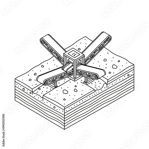 Isometric line drawing of a complex foundation structure with four extending arms and track-like elements embedded in layered soil.