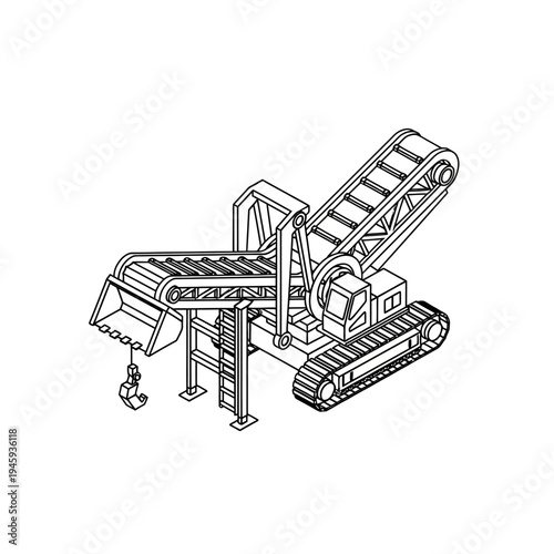 Isometric line art drawing of a mobile tracked crushing and screening plant with conveyor belts and a bucket.