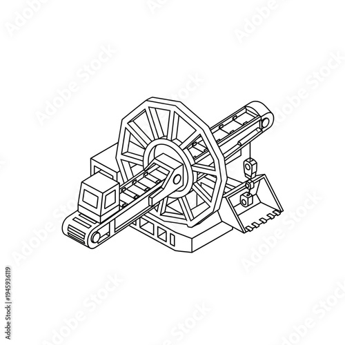 Line art illustration of a large bucket-wheel excavator, a heavy industrial machine used for continuous mining and material handling operations.