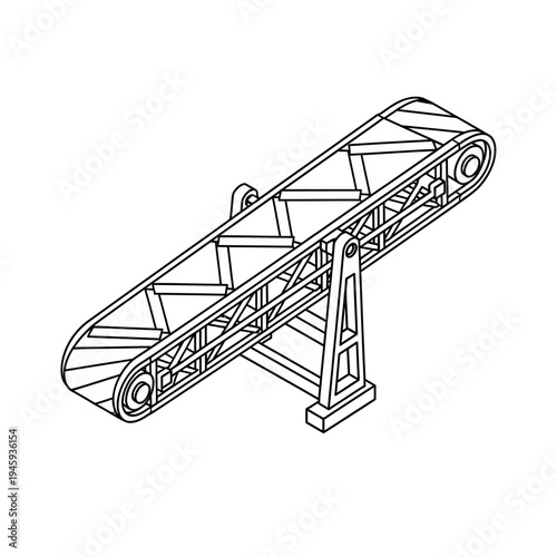 Isometric line drawing of an industrial conveyor belt system for material handling and production processes.