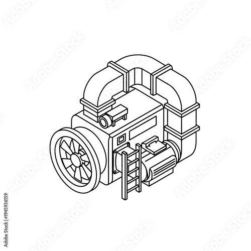 Isometric line drawing of an industrial ventilation system with a large fan, motor, and extensive ductwork.