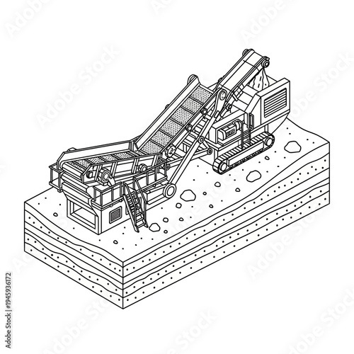 Isometric line drawing of a mobile crushing and screening plant on a layered ground, illustrating industrial aggregate processing.
