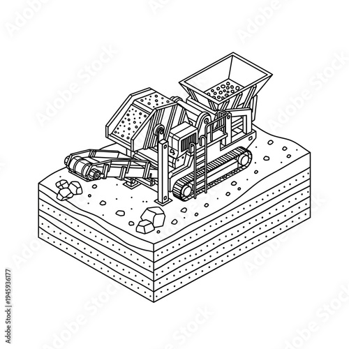 Isometric illustration of a mobile rock crusher machine on layered ground.