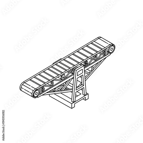 Isometric line drawing of an industrial conveyor belt system for material handling and automated transport in factories.