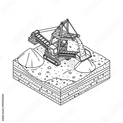 Isometric line art illustration of a large mining excavator machine working in a quarry, digging and moving earth material.
