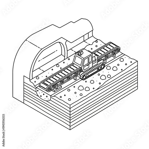 Isometric line art illustration of a tracked tunnel boring machine excavating a subterranean passage through layered earth.