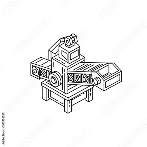 Isometric line art drawing of an industrial processing machine with a conveyor belt system.