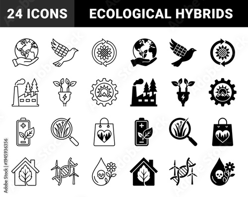 Ecological hybrid conceptual symbols merging nature with industry featuring solar wing birds power plug sprouts and DNA wind turbines