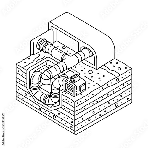 Isometric line drawing of an underground utility system with pipes, pump, and layered earth cross-section.