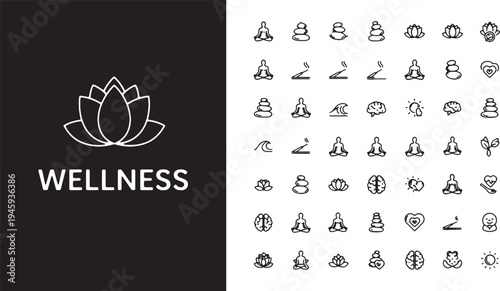 Wellness icons set with lotus flower symbol and various meditation and yoga poses for health and mindfulness concepts