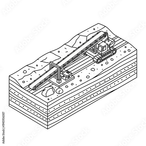 Isometric line drawing of a construction piling rig operating on layered ground, illustrating geotechnical engineering or foundation work.