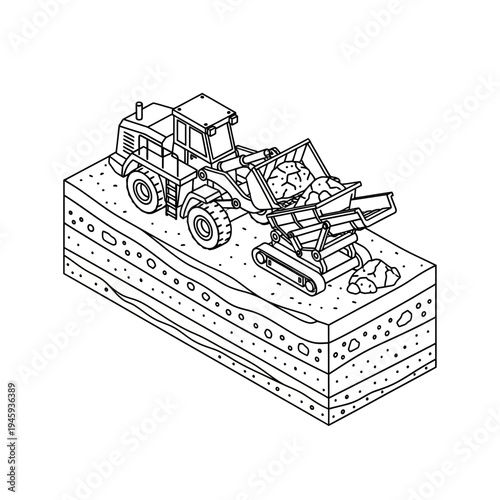 Isometric line art illustration of heavy construction machinery, a wheel loader, feeding a mobile rock crusher on a layered ground section.