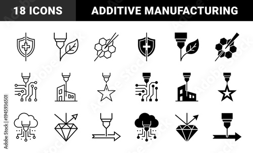 Hybrid additive manufacturing and precision engineering icons merging 3D printing nozzles with organic growth circuit boards and structural architecture