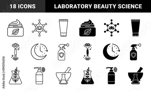Scientific Skincare and Dermatological Laboratory Hybrid Icons Featuring Botanical Extracts Bioactive Molecules and Quartz Facial Roller Tools