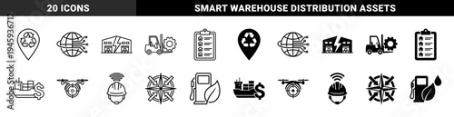 Hybrid industrial logistics and sustainable energy icons featuring integrated symbols for renewable fuel global distribution and smart warehouse management
