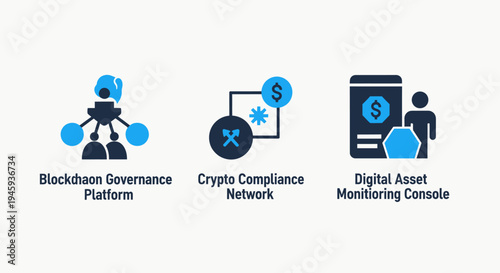 Blockchain governance and cryptocurrency compliance network icon set for digital asset monitoring finance security and decentralized trading management