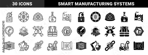 Industrial Cyber Security and Smart Manufacturing Hybrid Icons Featuring Biometric Hard Hat Data Folder and Automated Robotics Metaphors