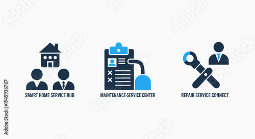 Icons for smart home service, maintenance center and repair connect