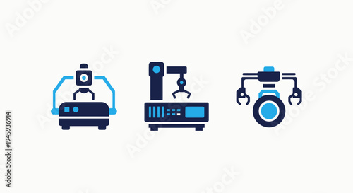 Robotics icons: industrial automation, manufacturing arm, and robotic wheel system