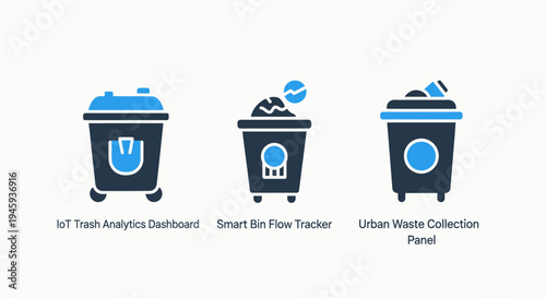 Smart trash and waste management icons: analytics dashboard, bin flow tracker, and collection panel