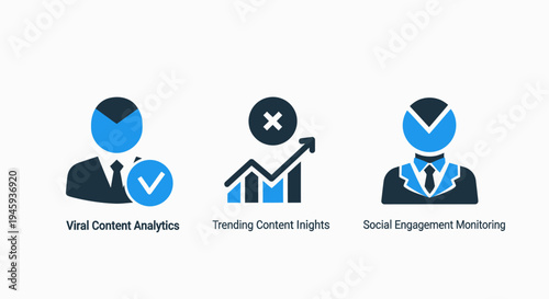 Business analytics icons: viral content, trends, and social engagement monitoring set, social media