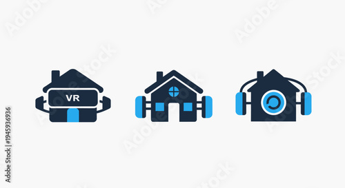 Smart home icons: vr house, connected building, and audio-enabled house concept set, virtual reality, real estate