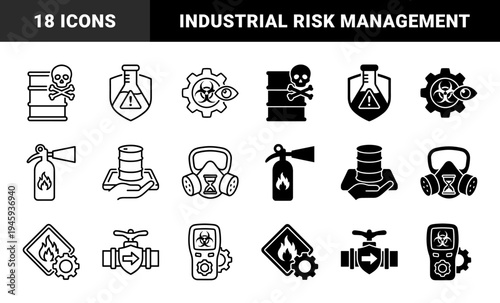 Industrial Safety and Hazardous Material Management Hybrid Icons Featuring Toxic Barrels Fire Extinguishers Biohazard Sensors and Emergency Exit Shields