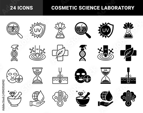 Biotechnology and Cosmetic Science Hybrid Icons Featuring DNA Spray Bottles Lotus Flasks and UV Protection Shield Symbols for Skincare R&D